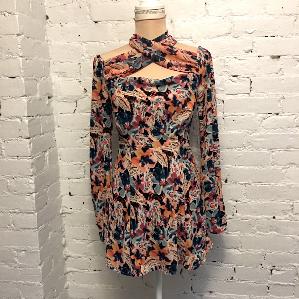 for love & lemons tie back velvet mini dress floral size xs party nye